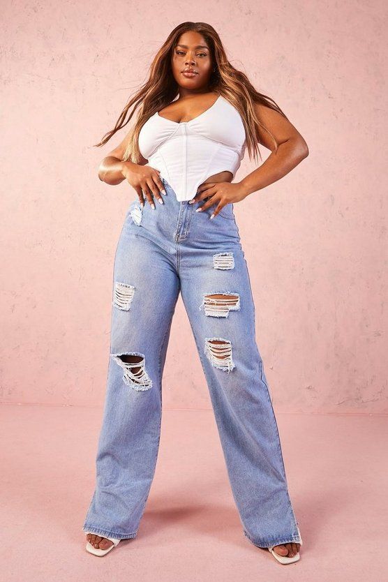 Plus High Waist Distressed Split Hem Jeans | Boohoo.com (US & CA)