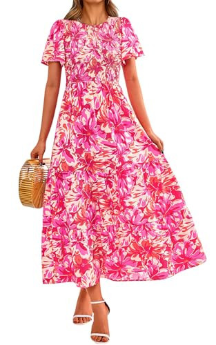 PRETTYGARDEN Crewneck Smocked Top Spring Dresses for Women 2025 Floral Short Sleeve Easter Dress for Women Maxi Long Dress (Rose Red, Medium) | Amazon (US)