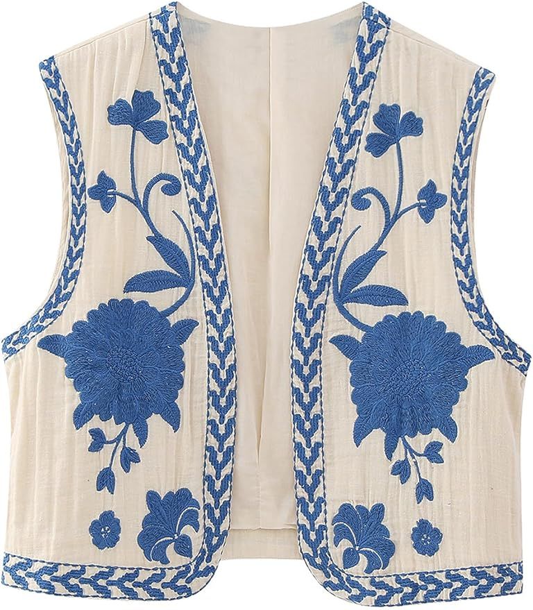 Women Floral Embroidered Vest Vintage Sleeveless Boho Y2k Cardigan Open Front Cropped Waistcoat | Amazon (US)