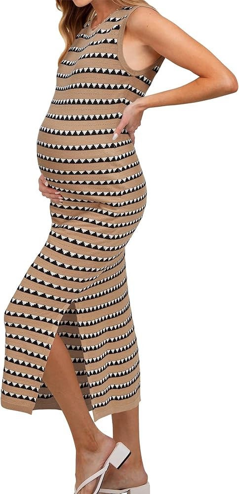 OUGES Women's 2025 Summer Maternity Dress Knit Sleeveless Crewneck Midi Dress Side Slit Striped B... | Amazon (US)