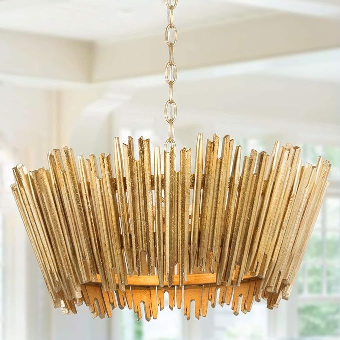 Gold Chandelier, Modern Farmhouse Chandelier, Dining Room Lighting Fixtures Hanging with Wood Fra... | Amazon (US)