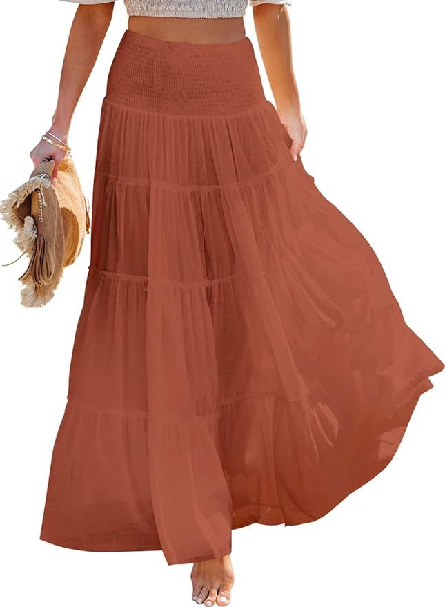 Nirovien Womens High Waist Maxi Skirts Smocked Boho Long Skirts Ruffle Tiered Flowy Beach Skirt | Amazon (US)