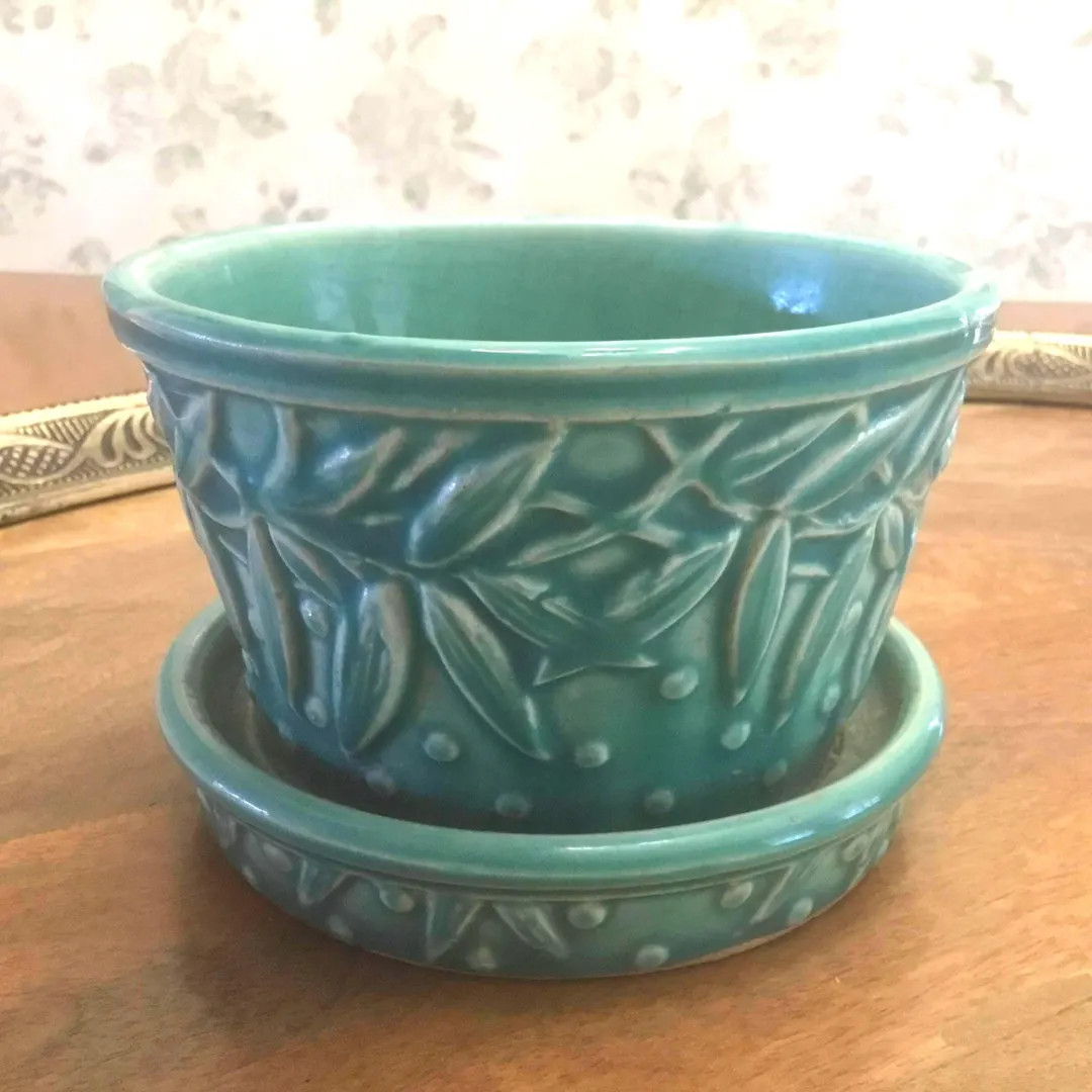 Mccoy Leaves and Hobnail Turquoise Teal Planter 1950’s With Attached Saucer - Etsy | Etsy (US)