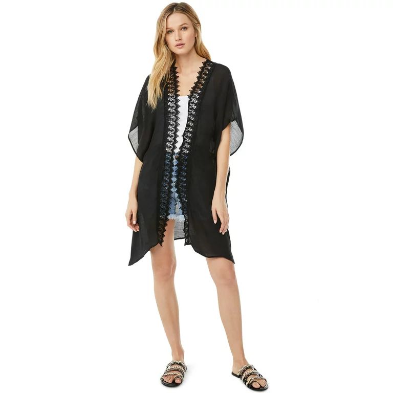 Scoop Adult Women’s Open Front Kimono with Lace Trim, S/M | Walmart (US)