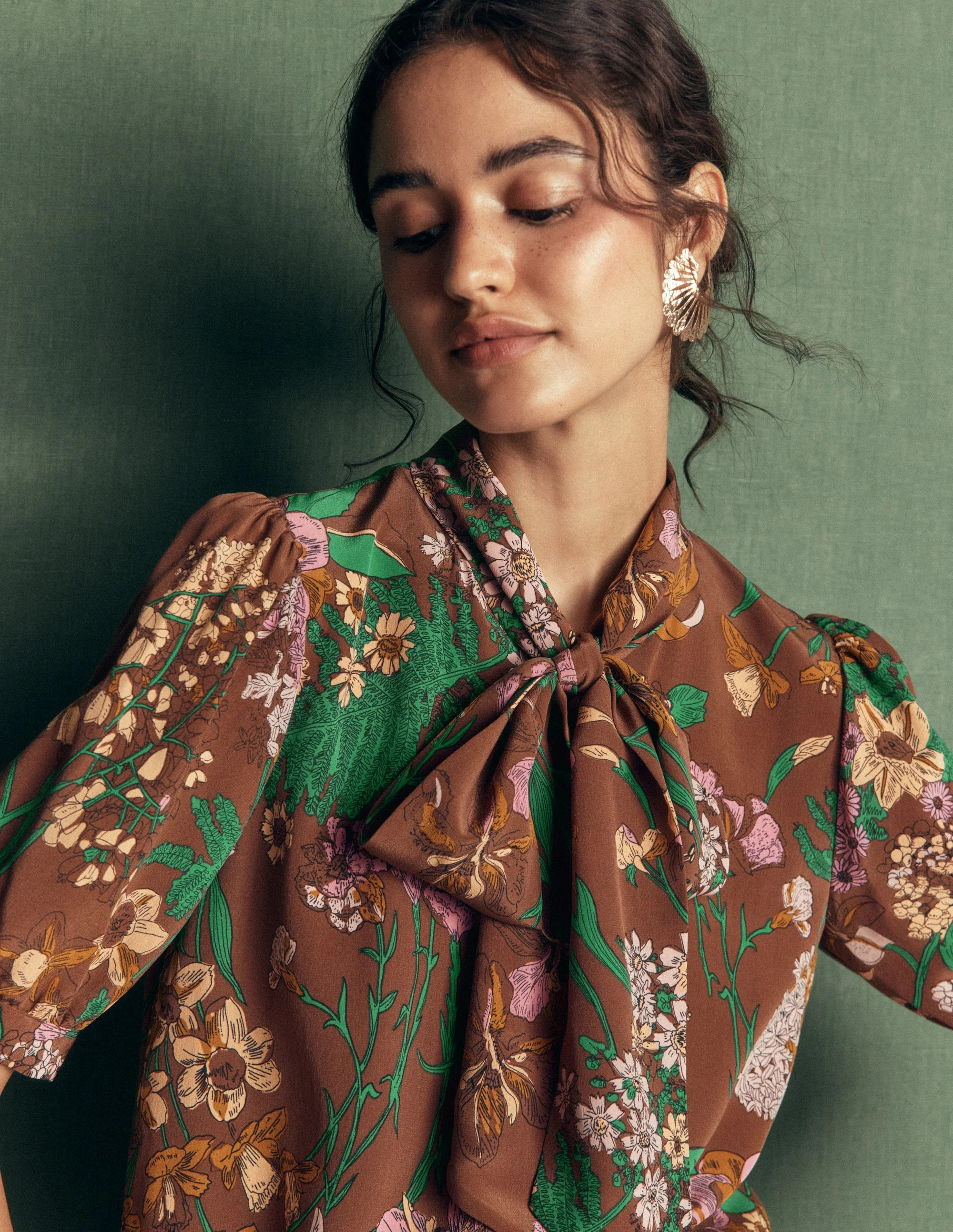 Tie Neck Silk Top-Woodland, Whimsical Flora | Boden UK