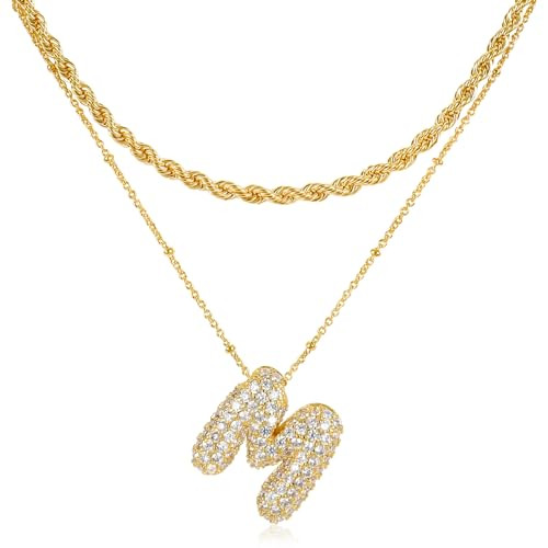 NEKOL M Bubble Letter Necklace for Women, 14K Gold Plated Charm Layered Balloon Initial Letter Pendant Monogram Necklace, Inlaid Zirconia Rhinestone Letter Necklaces Chain Layering Necklaces for Girls | Amazon (US)