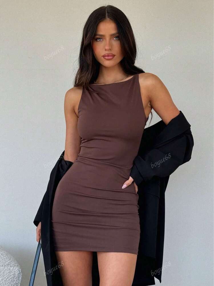 Sleeveless Solid Color Knit High Stretch Minimalist Sexy Bodycon Mini Dress, Sexy Charm, Suitable For Beach Party, Cocktail Party, Club, Summer Vacation, Christmas, Halloween | SHEIN