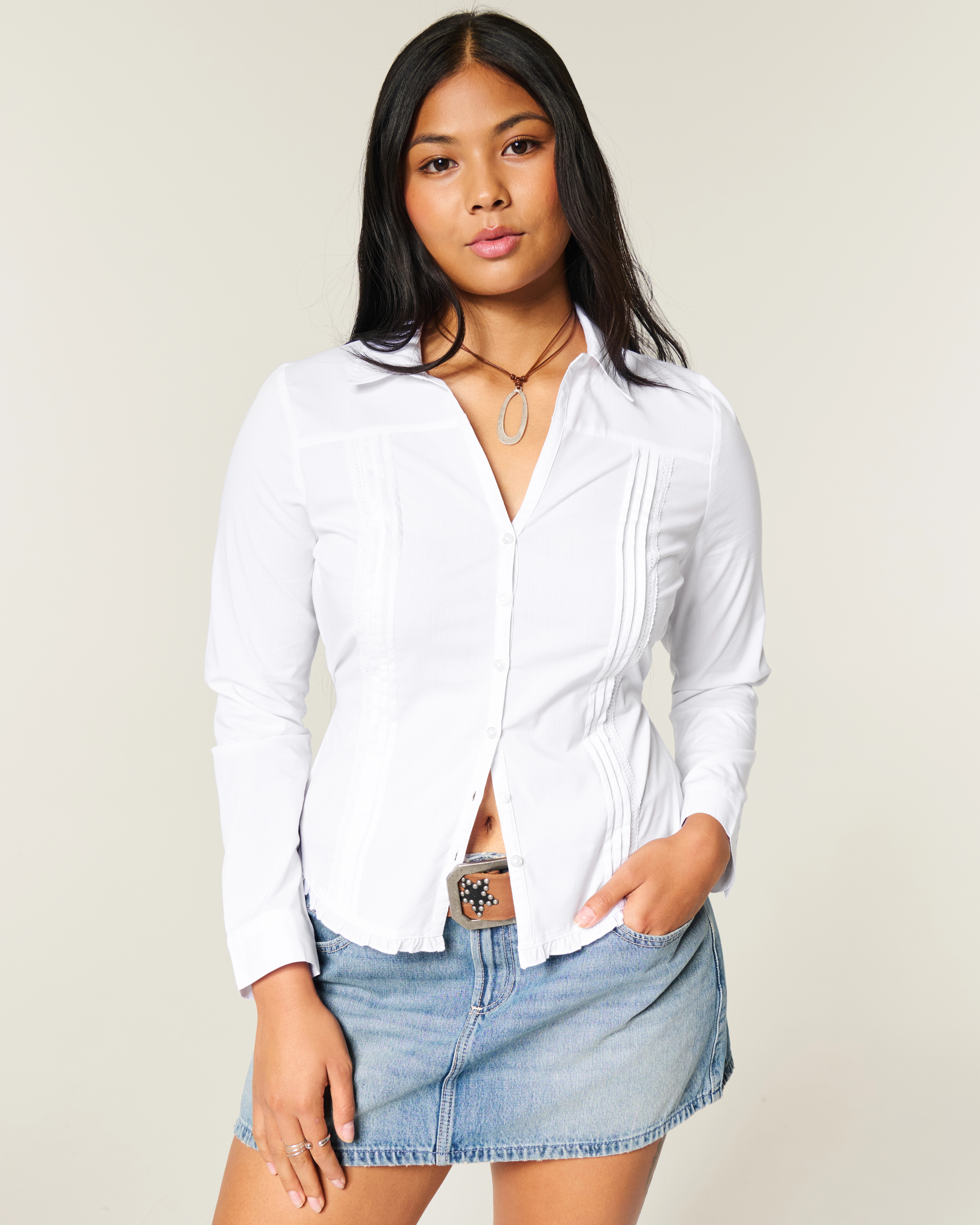 Lace Inset Button-Through Shirt | Hollister (US)