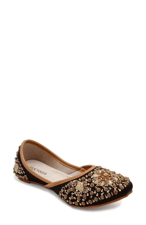 FUCHSIA Midnight Glamour Embroidered Jutti Flat in Black at Nordstrom, Size 7 | Nordstrom