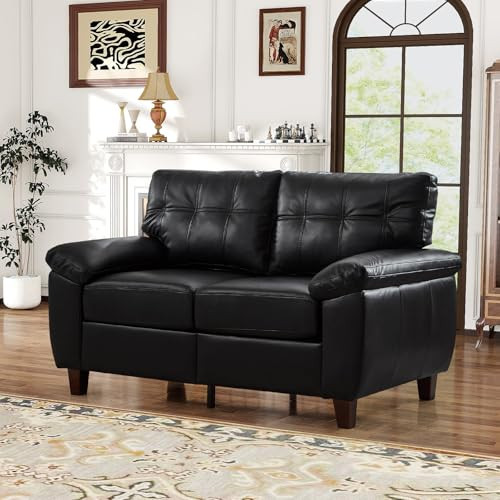 59"W Faux Leather Sofa Loveseat Couch with Hidden Storage & Tufted Backrest, Upholstered Mid Century Modern Couch, Deep Seat Comfy Chesterfield Sofa for Living Room, Bedroom, Office(2 Seater, Black) | Amazon (US)