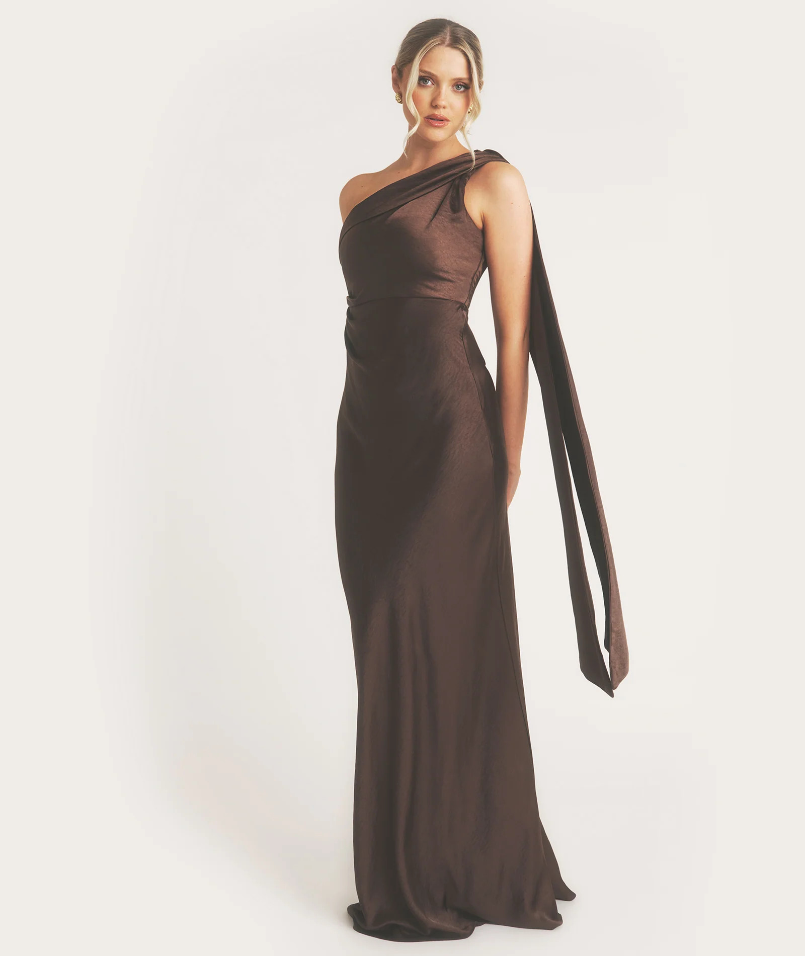 One Shoulder Drape Detail Satin Bridesmaid Dress - Chocolate | Six Stories