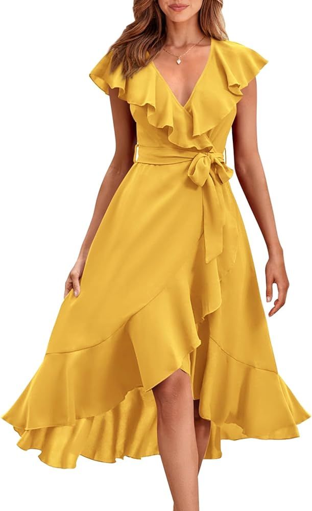 PRETTYGARDEN Women's 2024 Summer Wrap Midi Dress Casual Boho Deep V Neck Short Sleeve Ruffle Hem ... | Amazon (US)
