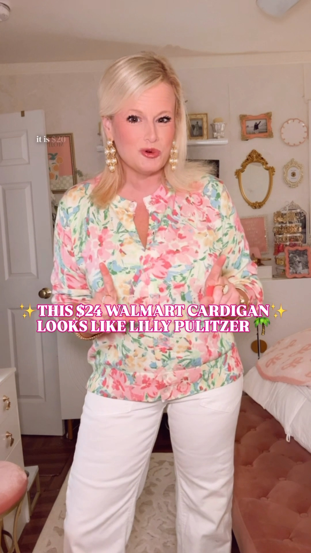 Lilly Pulitzer vibes. Walmart price tag. 🌴

This cardigan is such a good one. The print is full bright happy Palm Beach energy, but the silhouette is classic enough to  wear with everything. It gives that Lilly-inspired look for less in a way that still feels polished and easy.

I sized up to a large for a more relaxed fit.

The fabric is also why this one feels elevated. 60% cotton and 40% modal, so it is soft, lightweight, breathable, and smooth in that way that makes it feel much more elevated than $24.

This is the cardigan for:
• work outfits
• teacher outfits
• business casual
• spring outfits
• brunch
• vacation layering
• white denim outfits
• everyday preppy style

Buttoned up as a top, layered over a tank, or draped over your shoulders, it instantly adds color and makes the whole outfit feel more styled.

If you love Lilly Pulitzer, Palm Beach color stories, feminine prints, and finding pieces that look far more expensive than they are, this is a very good one.

lilly pulitzer look for less, lilly pulitzer inspired cardigan, floral cardigan women, pink floral cardigan women, spring cardigan women, work cardigan women, teacher cardigan women, business casual cardigan women, office cardigan women, spring work outfit women, preppy cardigan women, feminine cardigan women, lightweight cardigan women, cotton modal cardigan women, soft cardigan women, walmart cardigan women, walmart fashion finds, walmart style women, free assembly cardigan, affordable cardigan women, colorful cardigan women

#LTKFindsUnder50 #WalmartStyle #WalmartFinds #LookForLess #BusinessCasual #TeacherOutfit #SpringOutfit #PreppyStyle

#LTKOver40 #LTKSeasonal #LTKWorkwear
