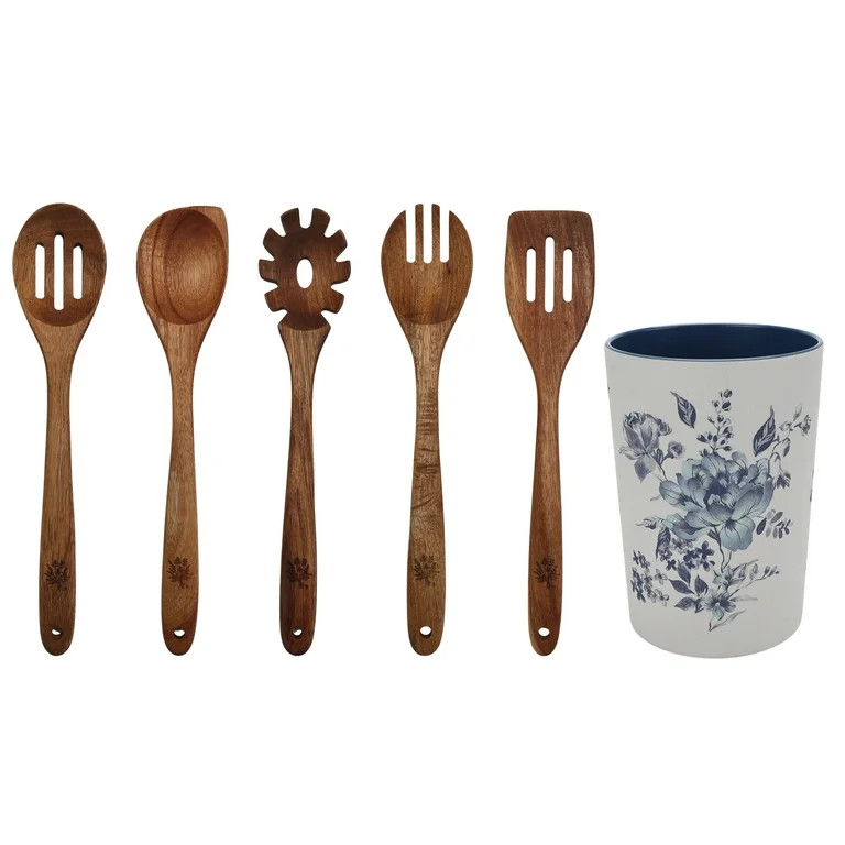 The Pioneer Woman Delilah 6-Piece Acacia Wood & Bamboo Melamine Crock Set, Blue | Walmart (US)