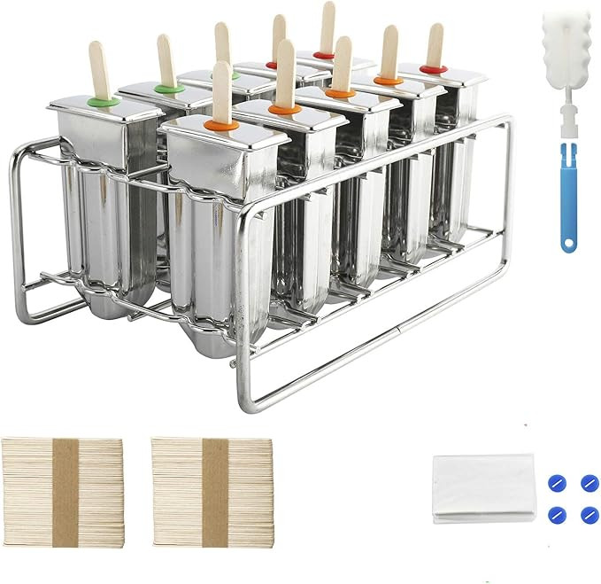 Stainless Steel Popside Molds Kit, 10 Ice Pop Makers Mold with Rack, 10 Silicone Seals, 100 Reusa... | Amazon (US)