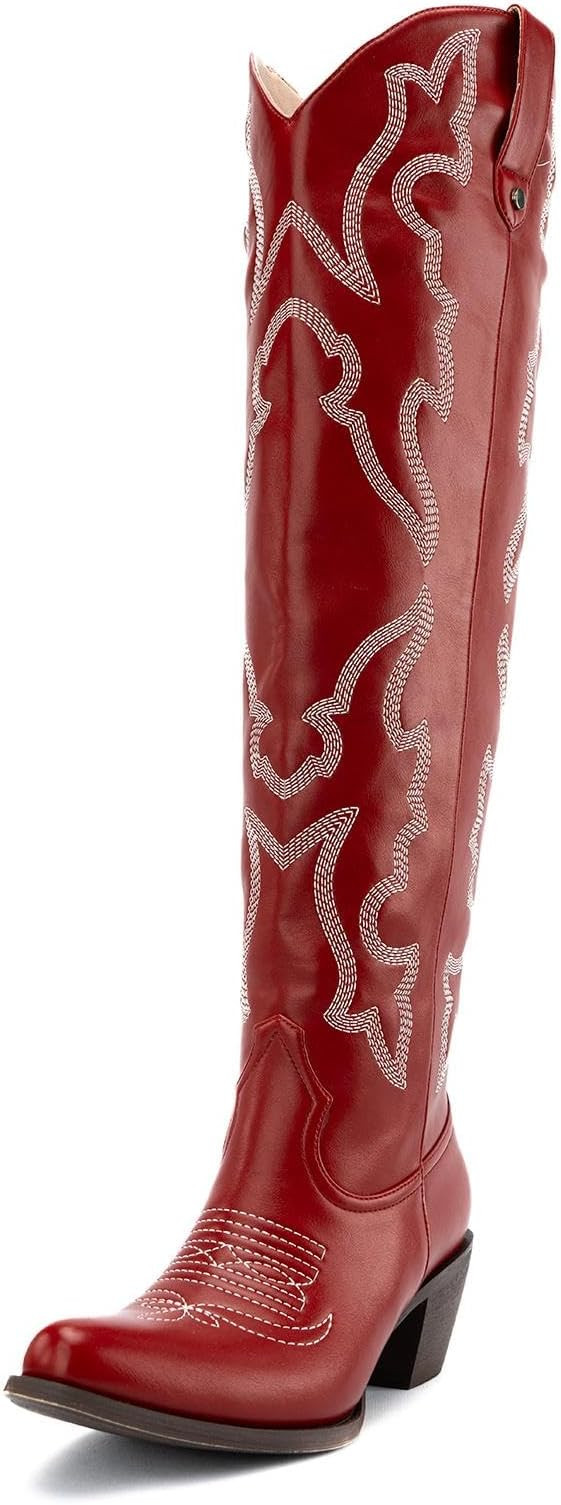 Womens White Cowgirl Boots Fashion Over the Knee Boots With Classic Embroidery Chunky Heels And W... | Amazon (US)