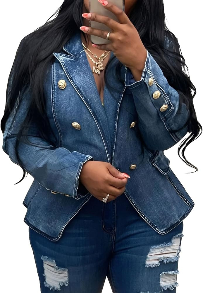 Alunzoem Womens Denim Jackets Double Breasted Jean Blazer Business Casual Open Front Long Sleeve ... | Amazon (US)