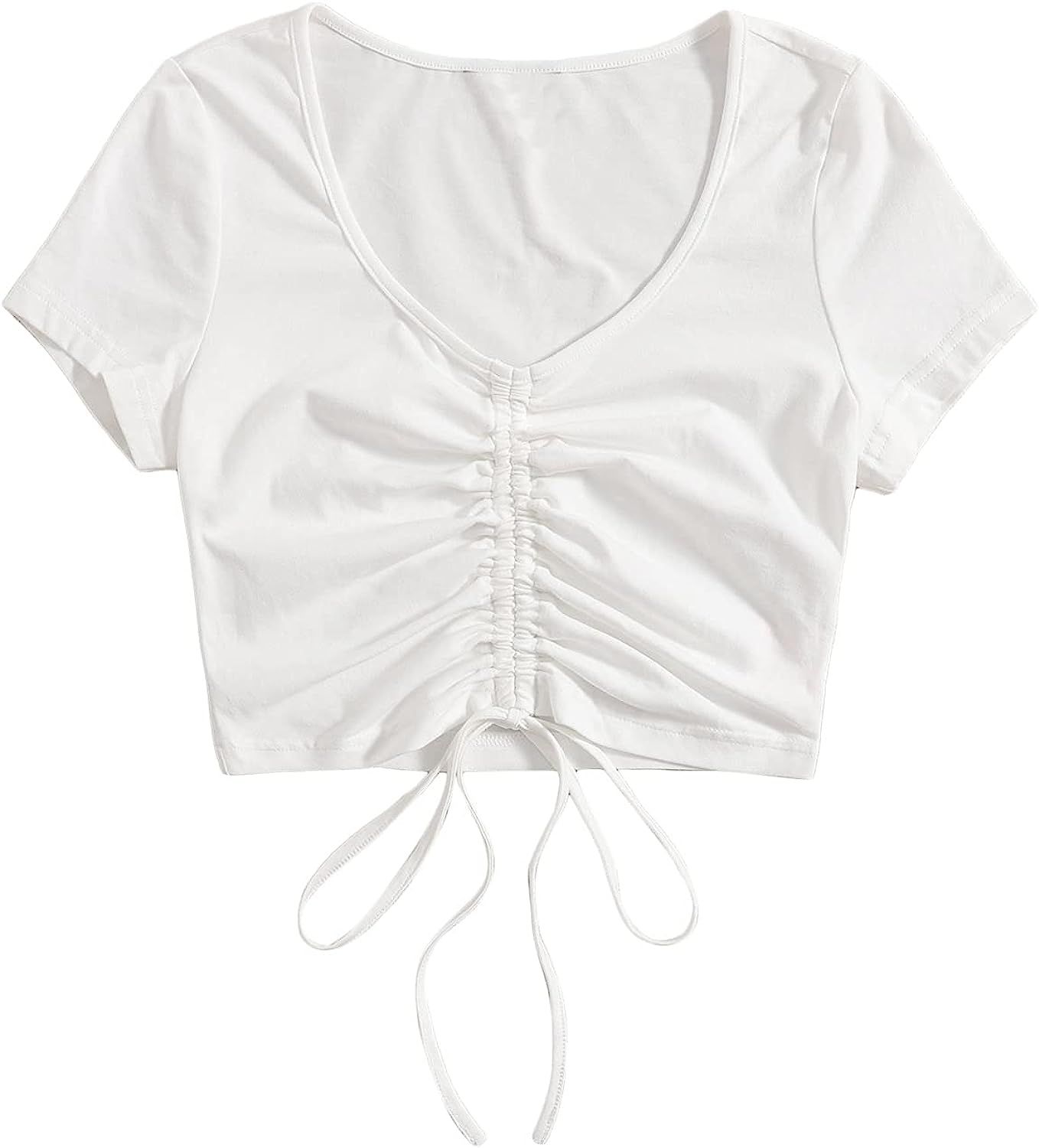 SweatyRocks Women's Short Sleeve Crop Top V Neck Drawstring Ruched Tee T-Shirt | Amazon (US)