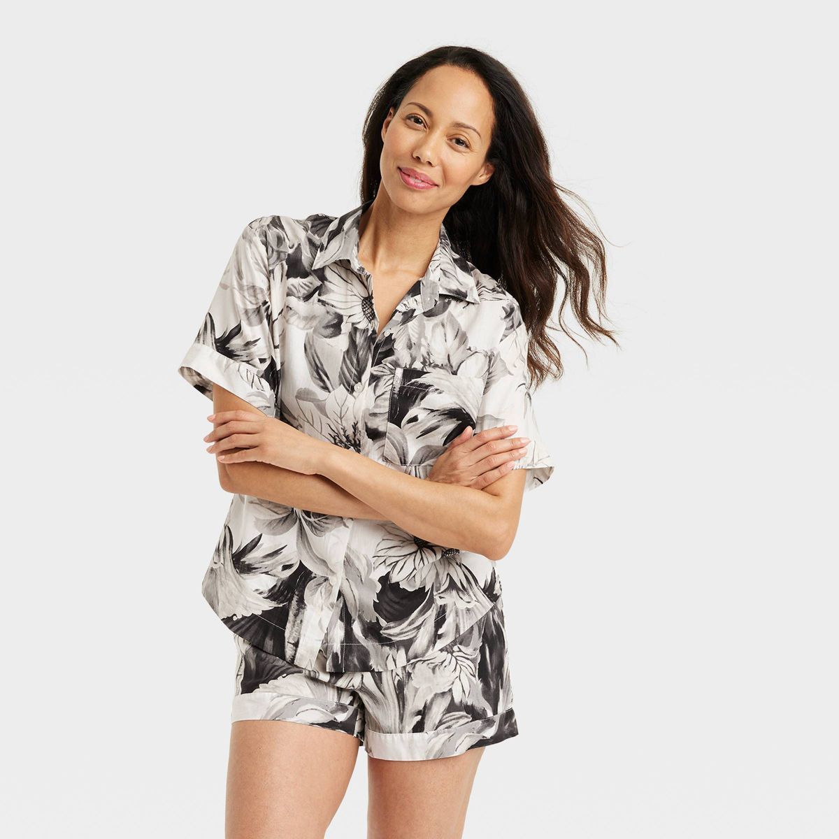Women's Cotton Blend Button-Up Pajama Top - Stars Above™ Black/White/Floral M | Target