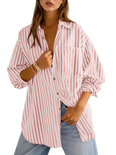 Cicy Bell Womens Oversized Striped Button Down Shirts Boyfriend Long Sleeve Collared Work Blouses Pink | Amazon (US)