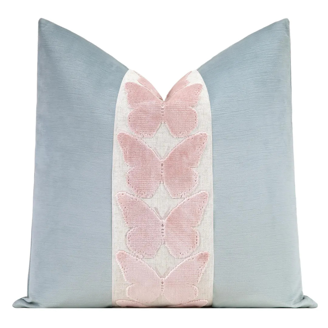 Spa Blue Striated Velvet Pillow Cover with Large Ballet Pink Butterfly Trim | Etsy (US)