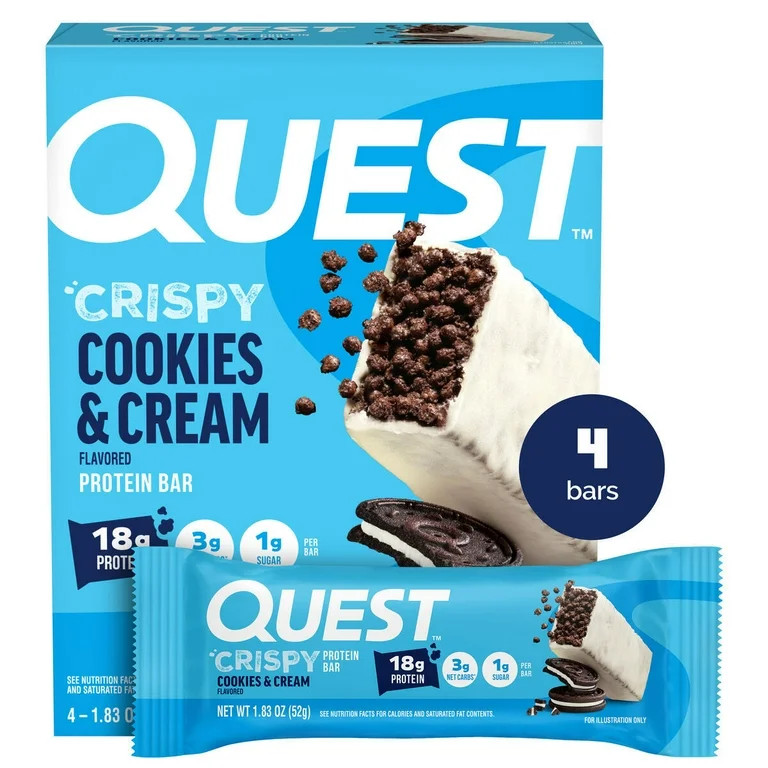 Quest Crispy Protein Bar, Cookies & Cream Flavor, Protein Rich, Low Sugar, 4 Count | Walmart (US)