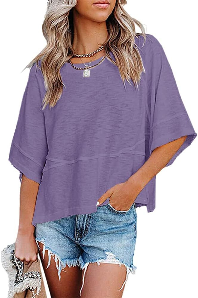 Women's Summer Casual Crewneck Batwing Half Sleeve T-Shirts Solid Color Loose Fit Cute Basic Flow... | Amazon (US)