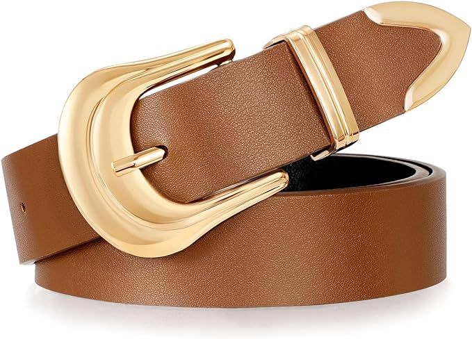 XZQTIVE Women's Leather Belt Plus Size Ladies Western Belt Silver Gold Buckle Black Waist Belt fo... | Amazon (US)