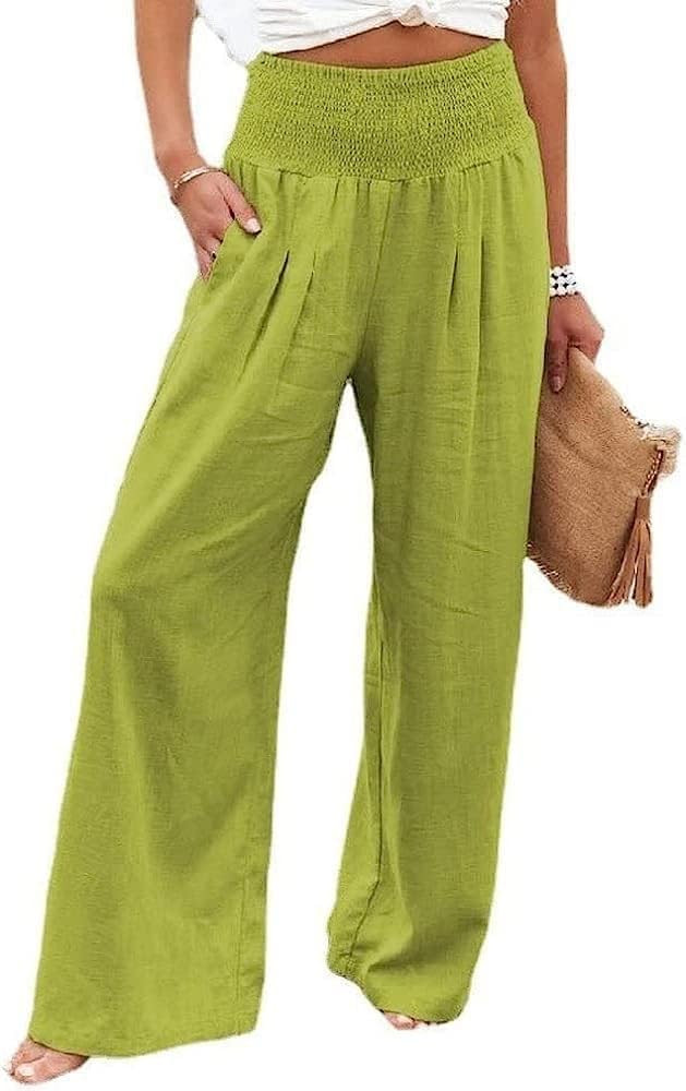 Linen Pants for Women Wide Leg Elastic High Waisted Palazzo Pants Lounge Yoga Trousers Beach Pant... | Amazon (US)