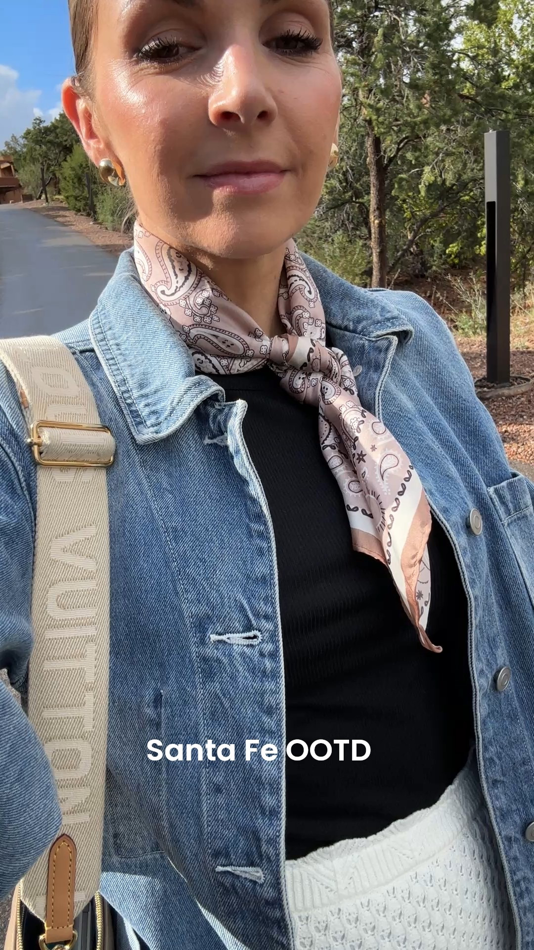 Outfit of the day for Santa Fe trip. Crocheted skirt, denim jacket, and fun accessories 