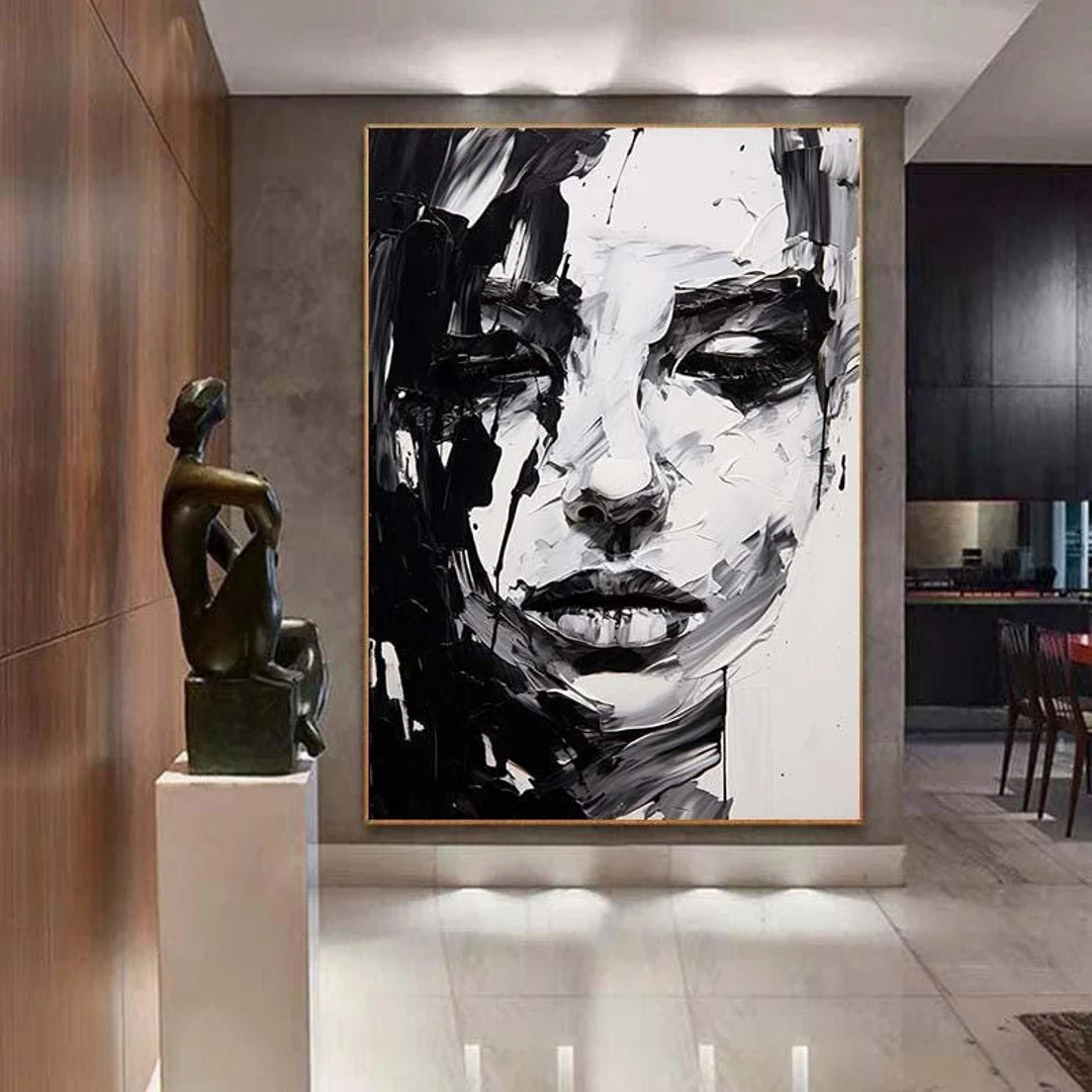 Large Black and White Painting Original Woman Painting on Canvas Black and White Female Portrait ... | Etsy (Global)
