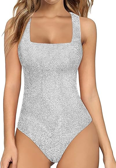 Nlife Womens Mock Turtle Neck Shiny Bodysuit Sparkly Tops Long Sleeve Bodysuits Sparkle Jumpsuit | Amazon (US)