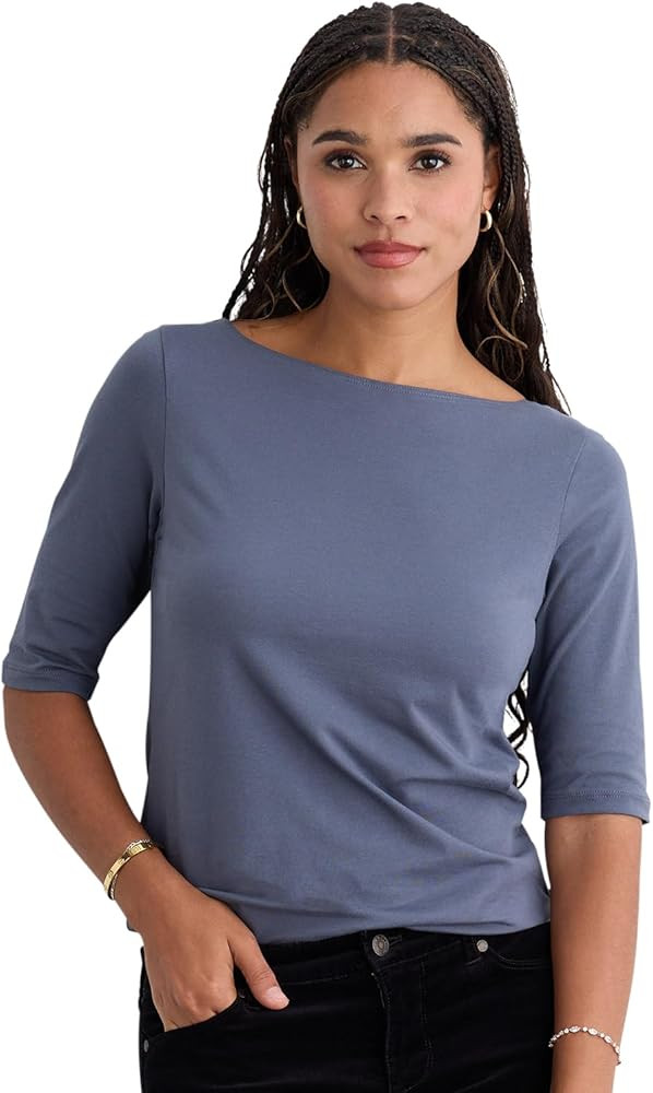 Fair Indigo Women's Organic Pima Cotton Half Sleeve Boat Neck Top | Amazon (US)
