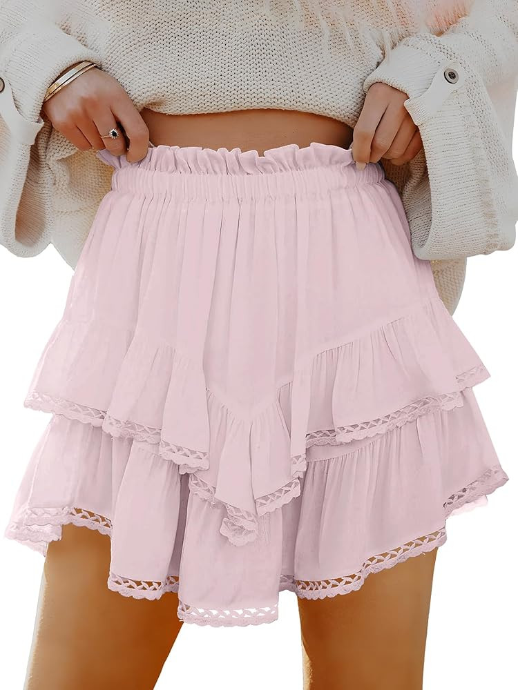 Caracilia Mini Skirts for Women Summer Casual Boho Crochet Ruffle Flowy Skirt Built in Shorts 202... | Amazon (US)