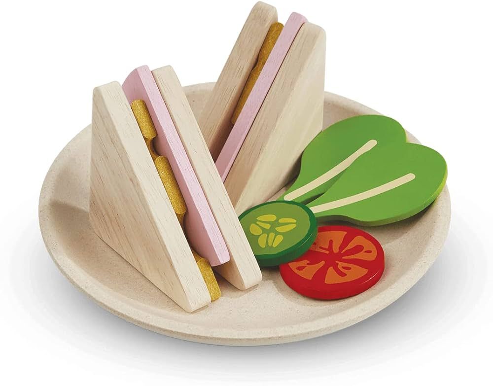 PlanToys Wooden Sandwich Pretend Play Kitchen Food Playset (3612) | Sustainably Made from Rubberw... | Amazon (US)