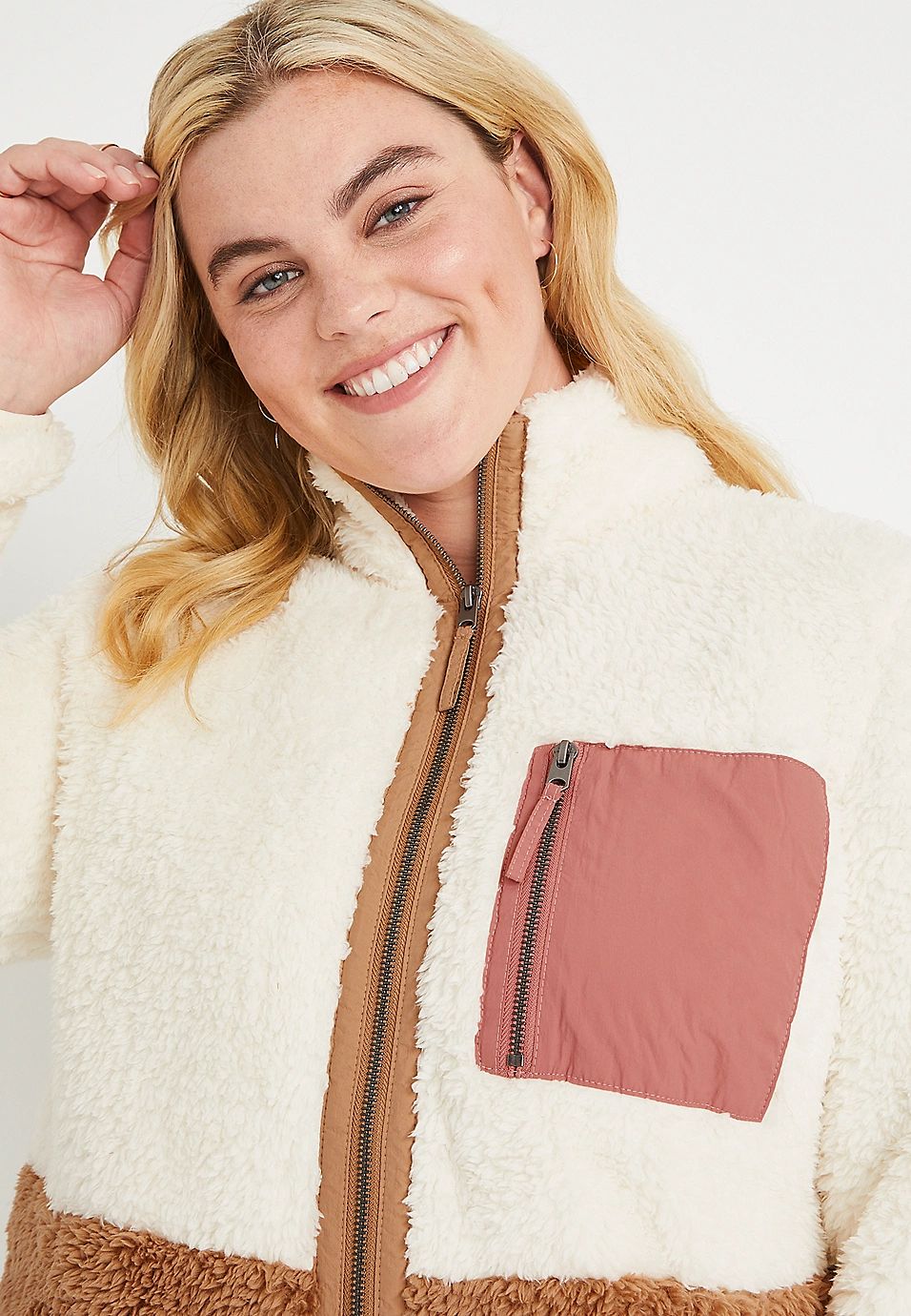 Plus Size Neutral Colorblock Sherpa Jacket | Maurices
