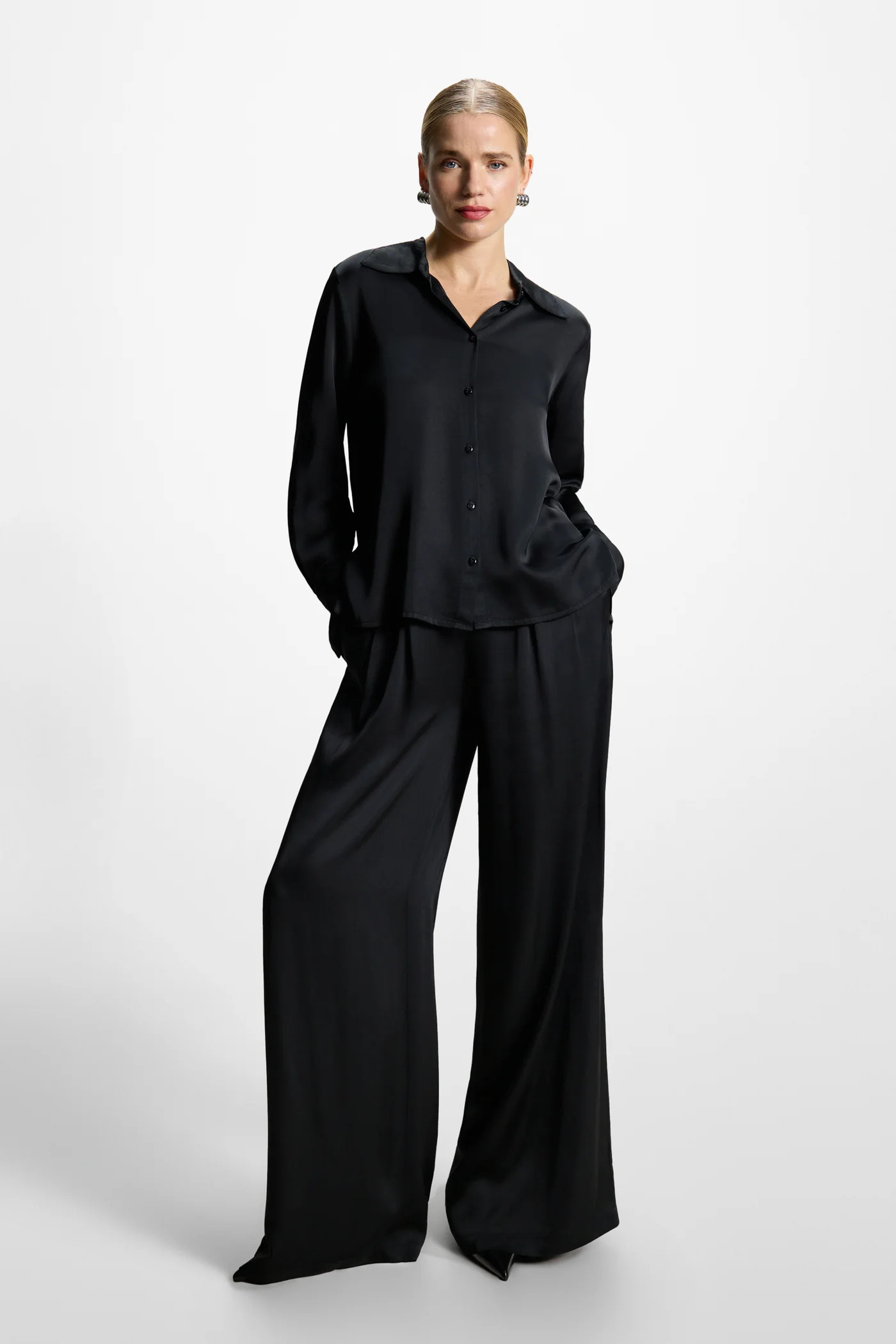 Claudia Elastic Waist Satin Trousers | Black | JAKI