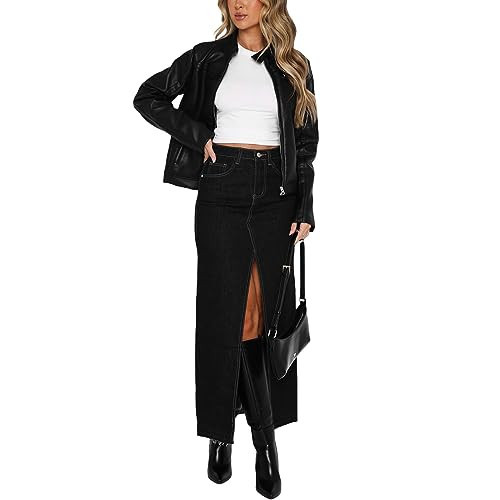 lisenraIn Women Long Denim Skirt Front Slit Maxi Skirt Y2K Fashion Streetwear High Waist Jean Skirt with Pockets (Black, Small) | Amazon (US)