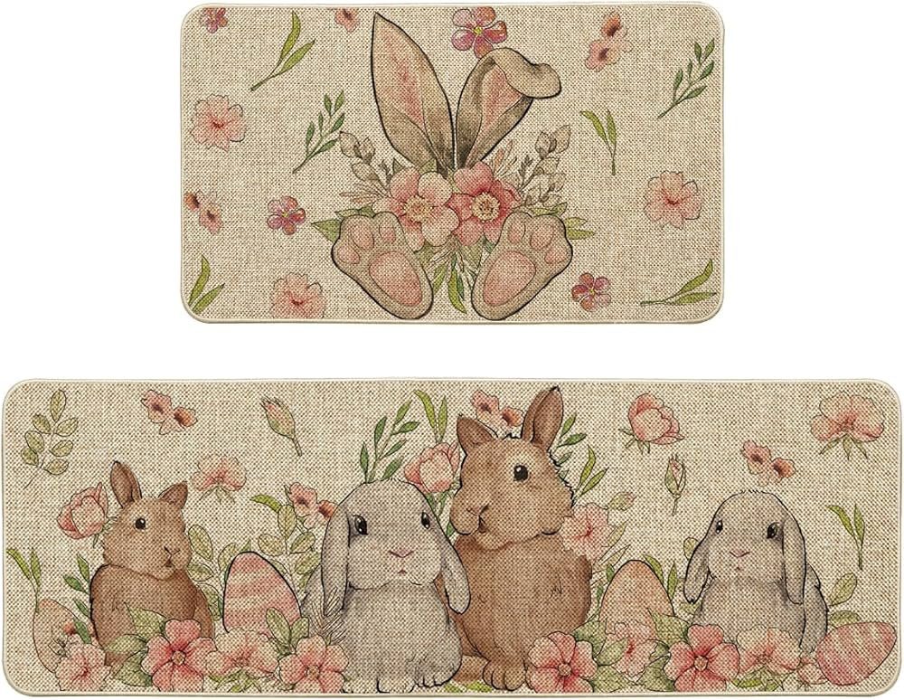 Artoid Mode Floral Eggs Bunny Rabbits Easter Kitchen Mats Set of 2, Spring Home Decor Low-Profile... | Amazon (US)