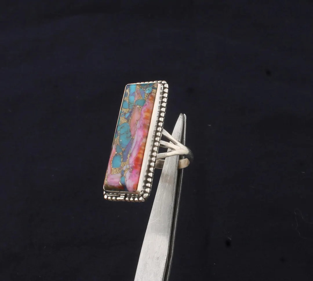 Spiny Oyster Copper Turquoise Ring: Solid Sterling Silver Bar Stone - Etsy | Etsy (US)