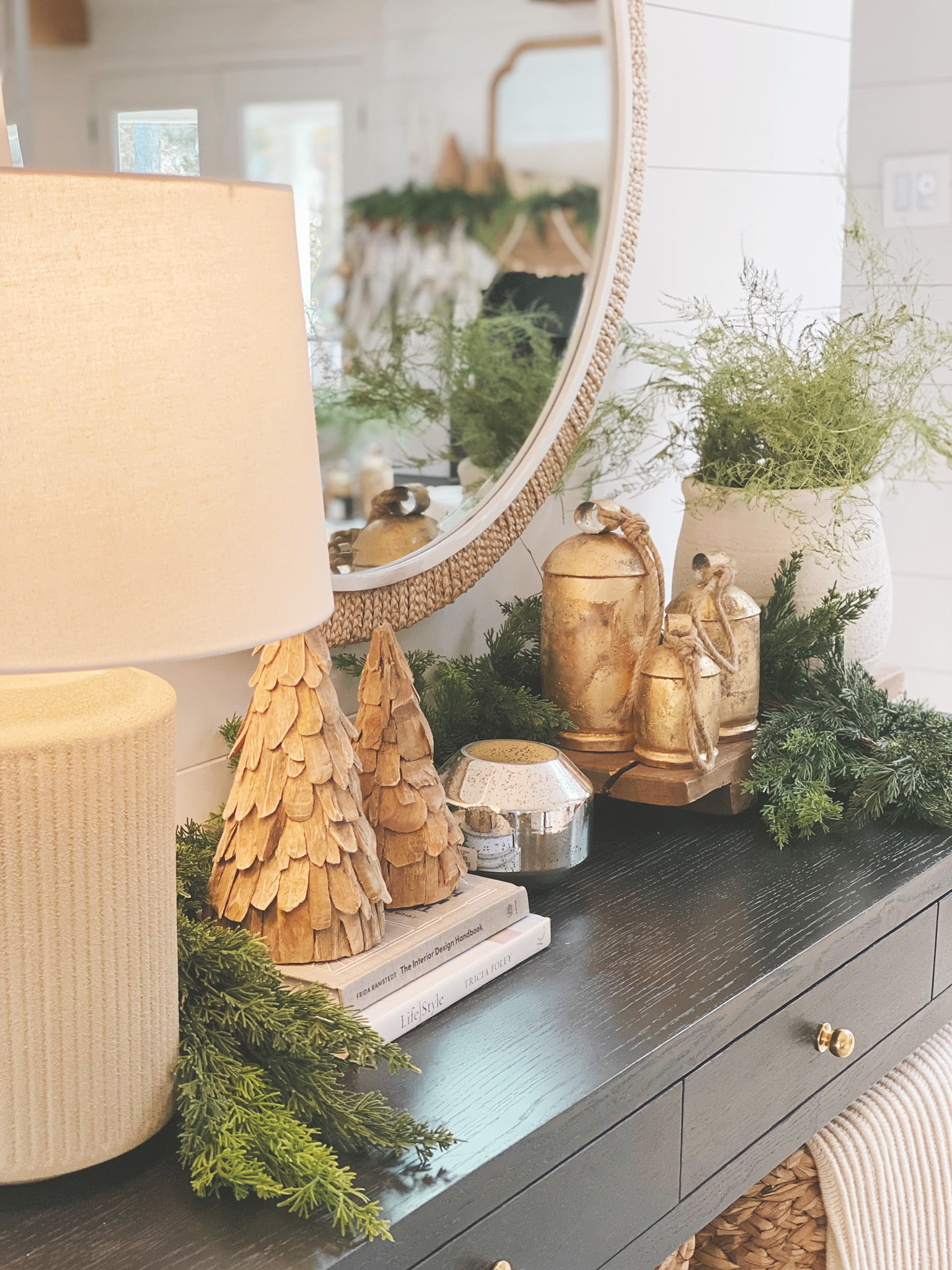 Christmas decor, Christmas console, console styling, holiday home decor, wooden trees, vintage bells, Amazon Christmas decor

#LTKsalealert #LTKhome #LTKHoliday