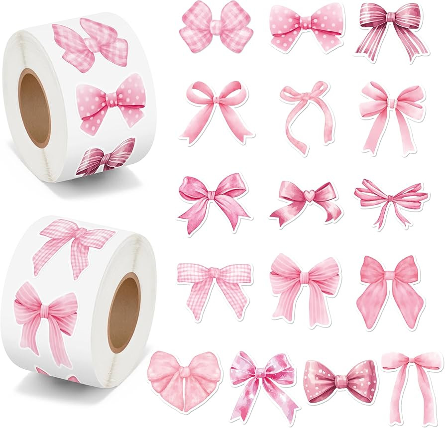 BeYumi Pink Bows Sticker Roll - 1000Pcs Coquette Pink Bows Stickers in 2 Rolls Waterproof Vinyl G... | Amazon (US)