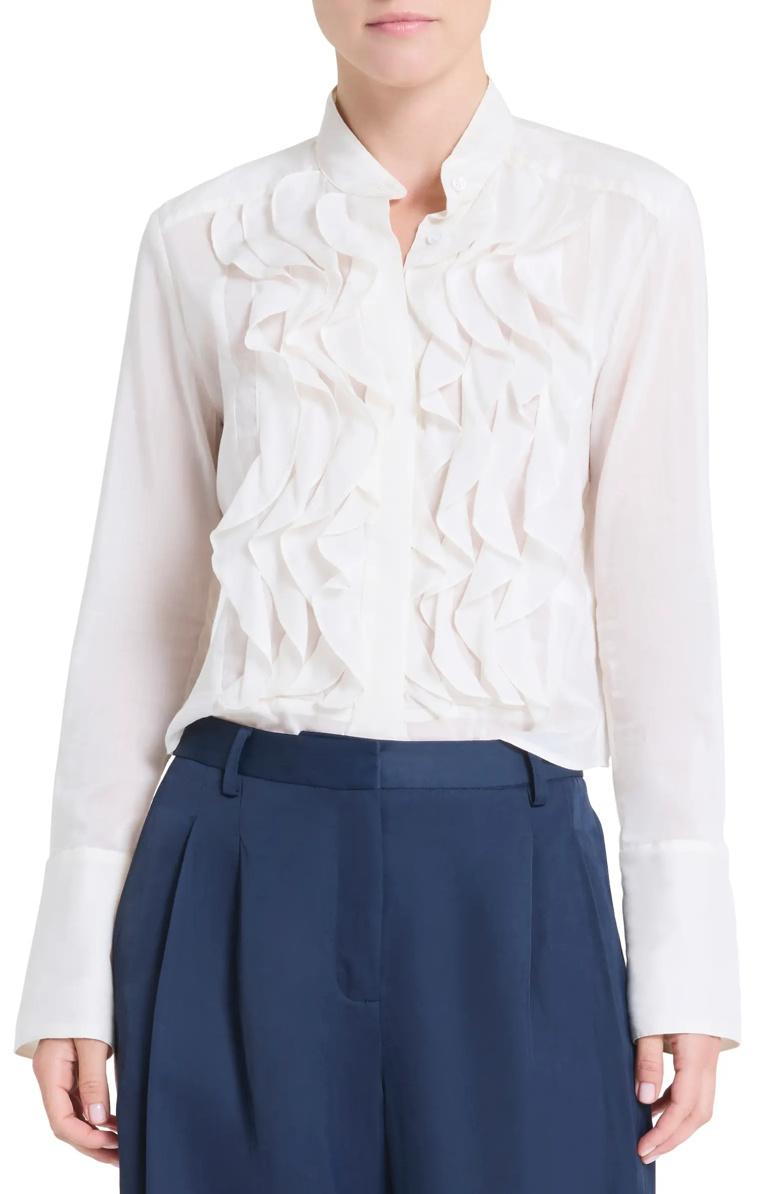 Patti Ruffle Front Cotton & Silk Button-Up Shirt | Nordstrom