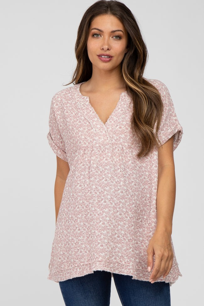 Pink Floral Raw Hem Cuffed Maternity Top | PinkBlush Maternity