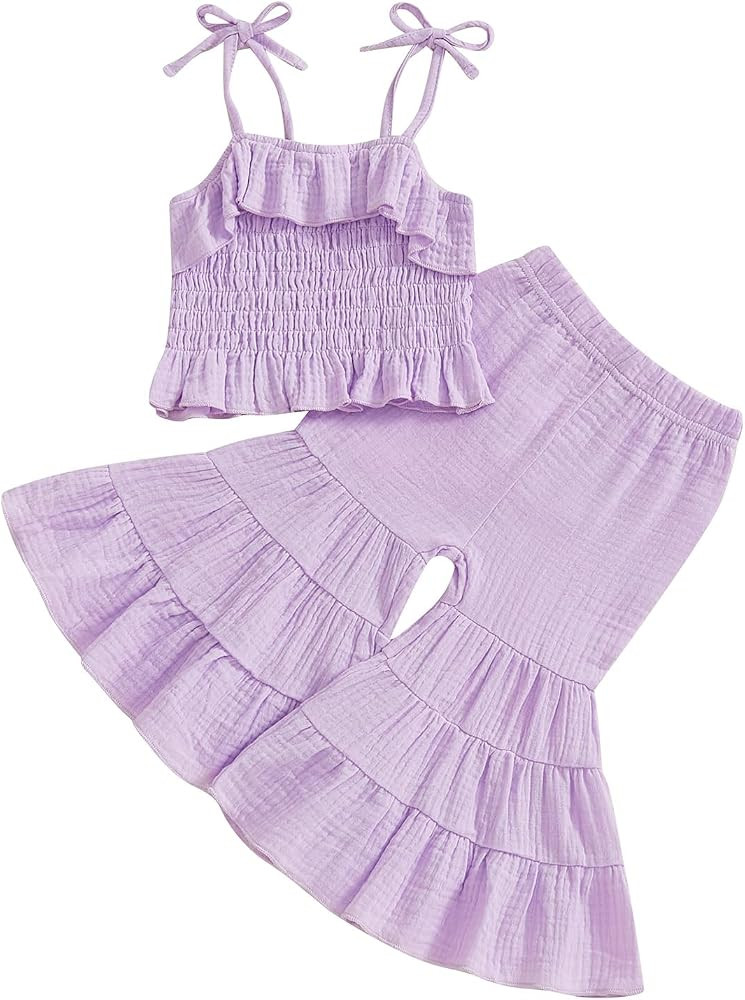 Kavousa Toddler Baby Girl Smocked Outfit Halter Shirt Flared Pants Set | Amazon (US)