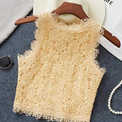 Women's Sleeveless Crew Neck Lace Bodycon Solid White Camisole, Elegant For Holiday, Romantic Wedding Season | SHEIN