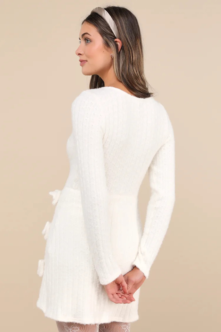 Darling Coziness Ivory Fuzzy Ribbed Knit Bow Sweater Mini Dress | Lulus