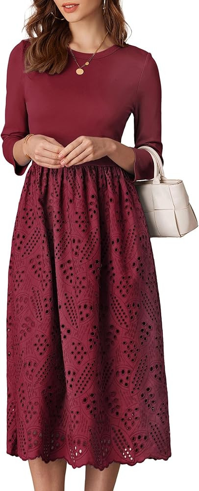 GRACE KARIN Women's Casual Dress Elegant Midi A-Line Dresses for Wedding Guests Eyelet Embroidery... | Amazon (UK)