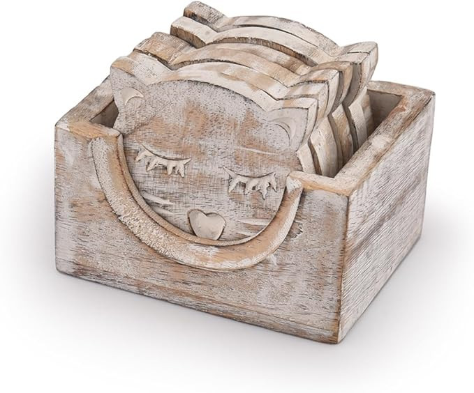 NIRMAN Wooden Crafted Unique Adorable Cat Shaped Coasters Set of 6 with Holder, Bar Dining Table ... | Amazon (US)