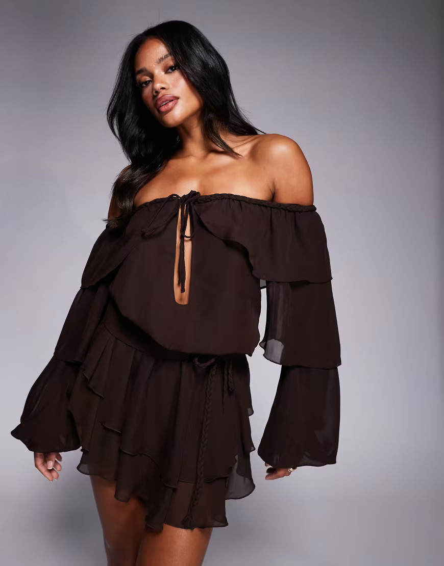 Murci chiffon bardot tiered ruffle mini dress in chocolate-Brown | ASOS (Global)